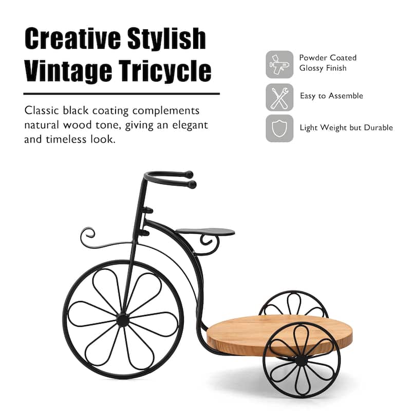 Glitzhome 24"L Spring Metal Tricycle Planter Stands Flower Pot Cart with Wood Trays