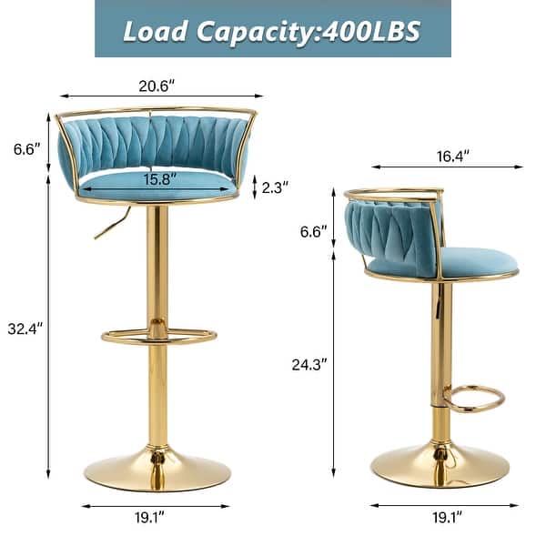 dimension image slide 17 of 24, Modern Velvet Adjustable Swivel Bar Stools Set of 2