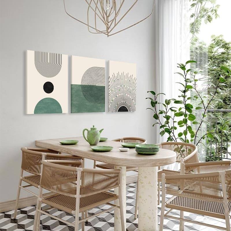 Minimalist Beige Green Sun Geometry Black Line Artwork Paintings