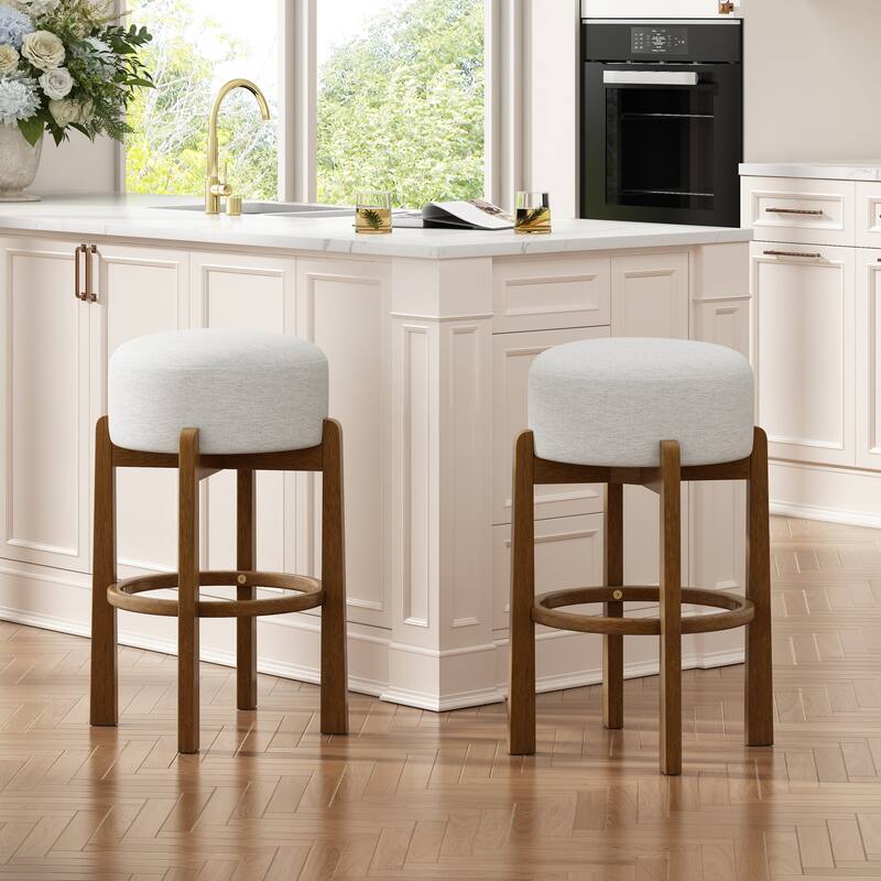 Christopher Knight Home - Vera Rubberwood Upholstered Barstools in Dark Walnut and Ivory Fabric - Set of 2 - Dark Walnut+Ivory_Set of 2