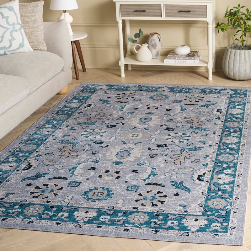 SAFAVIEH Bayside Machine Washable Shweta Oriental Rug - 6'7" Square - Blue/Grey