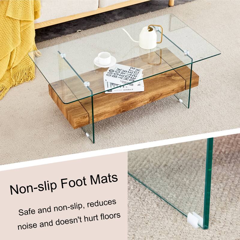 Roomfitters 43.3" Two-Tier Glass Coffee Table with Light Wood Shelf, Side Table or Display Stand