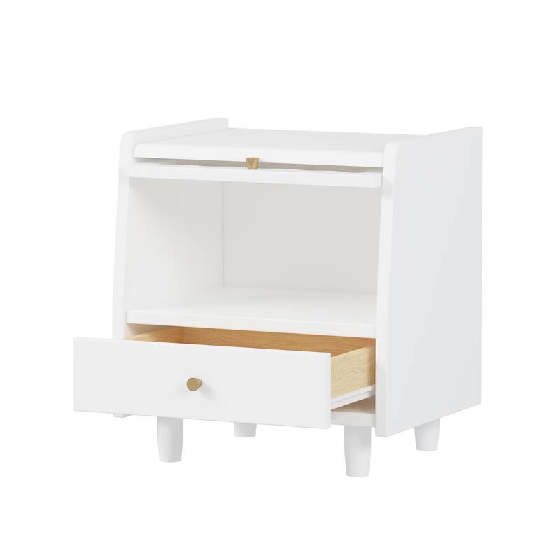 Wooden Nightstand with Flip-Top Cabinet and 1 Drawer, Bedside Tables with Rattan-Woven Storage Cabinet, for Bedroom