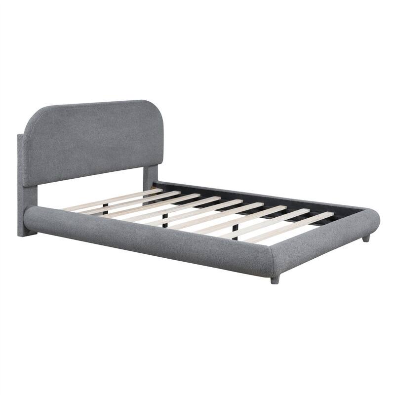 Full/Queen Size Teddy Fleece Upholstered Bed with Thick Fabric, Platform Bed Frame with Headboard & Stylish Curve-shaped Design