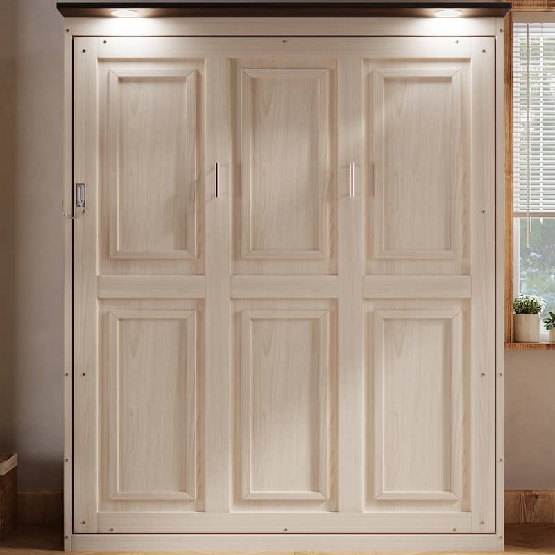 Queen Size Murphy Bed with Top LED Lighting and Optional Upholstered Sofa, Space-Saving Wall Bed Design