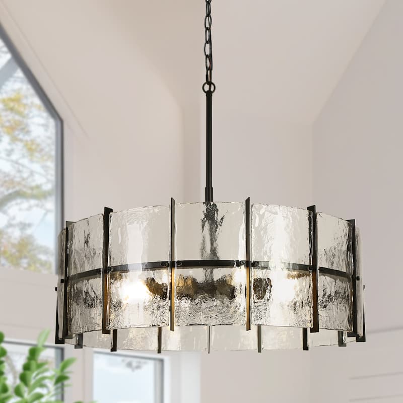 Modern 8-Light Drum Chandelier with Textured Glass Shade For Living Dining Room Foyer - Gray - Dia. 31.5" x H 11"