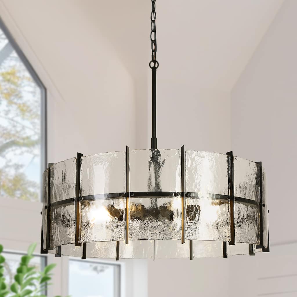 Modern 8-Light Drum Chandelier with Textured Glass Shade For Living Dining Room Foyer - Gray - Dia. 31.5" x H 11"