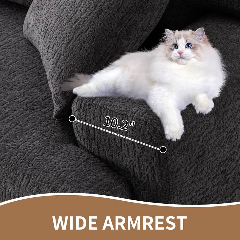 Floor Standing Sectional Couch, Chenille Sleeper Sofa Bed, Modular Full Compression Sponge 4 Seater Sofa with 2 Pillows