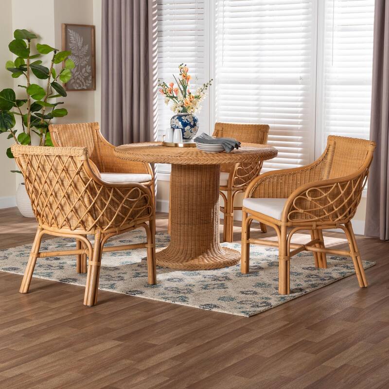 Wymond 5-Piece Rattan Dining Set - Round Wicker Table with Pedestal Base and 4 Armchairs, Woven Boho Coastal Style for Dining