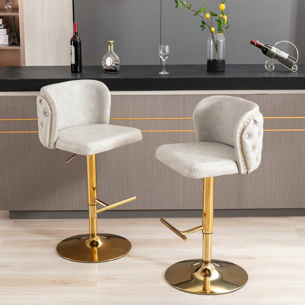 Beige Leather Swivel Barstools Tufted High Counter Bar Chair Set of 2