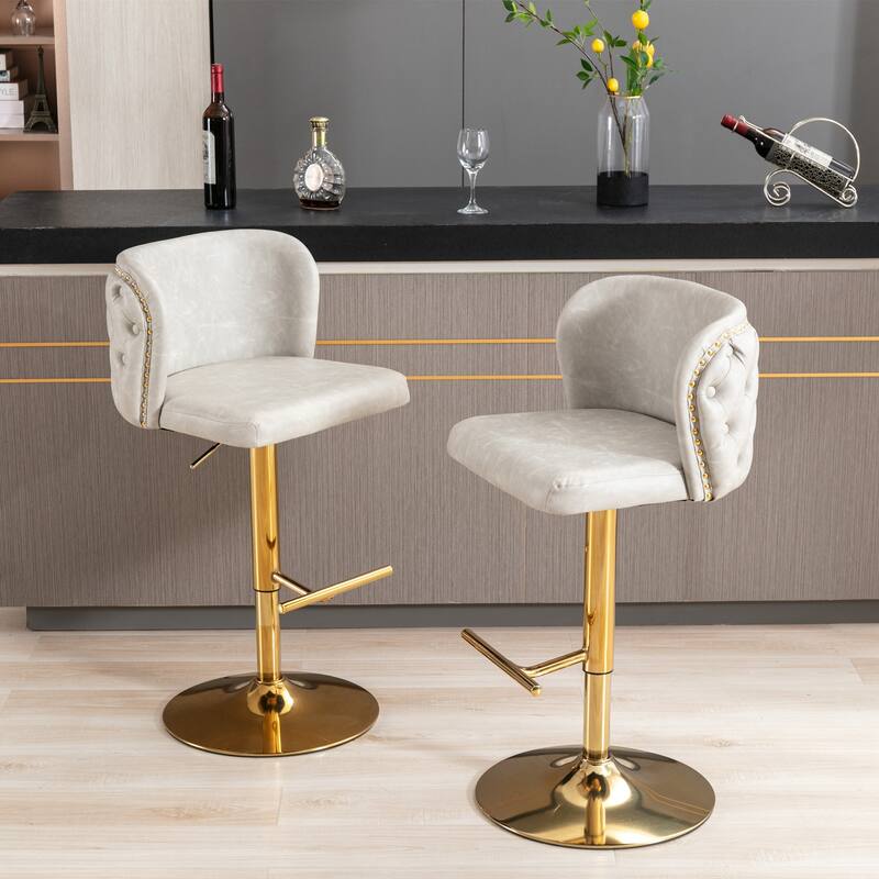 Modern Swivel Barstools, Tufted Back Upholstered Dining Chair, Leather High Bar Chair Adjustable Height, Set of 2