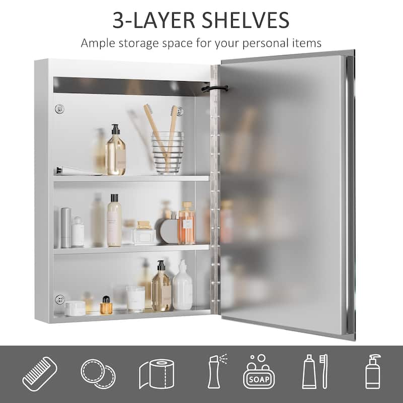 Silver LED Bathroom Mirror Cabinet with Touch Control Three Shelves and Wall Mounted Design - 19.75" W x 5" D x 27.5" H