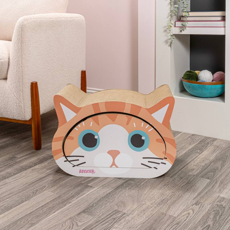 Opal 19" Modern Cardboard Happy Cat Head 2-in-1 Cat Cave Scratcher with Built-In Bell Toys and Catnip, Orange/Blue