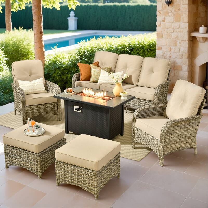 XIZZI Outdoor Patio Furniture Conversation Set with Fire Table - 6-Piece - Beige