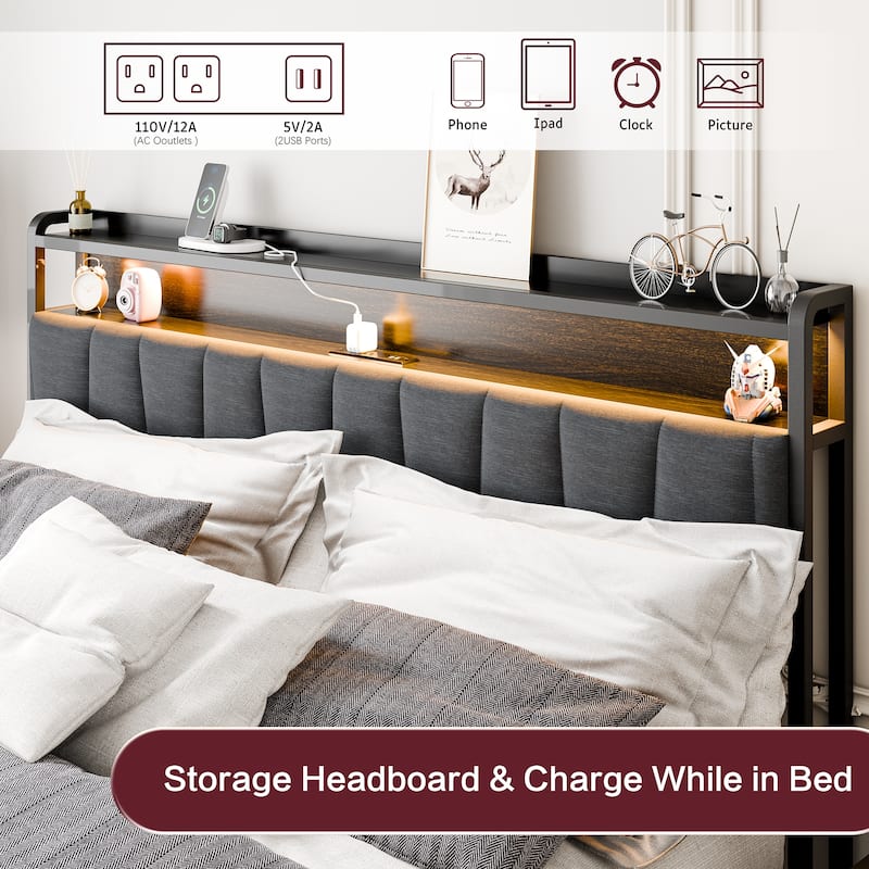 Queen Size Bed Frame with LED Headboard & USB Charging – Storage-Friendly Platform Bed with Snap Assembly