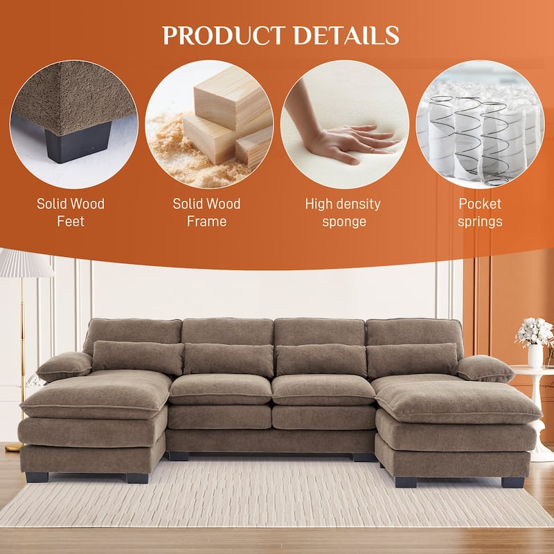 Ouyessir Soft Chenille Fabric U-shaped Sectional Sofa Set with Doudle Layer Cushion