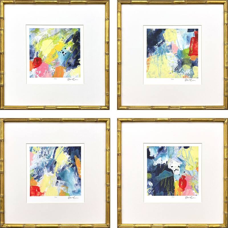 HomeRoots Set Of Four Vibrant Modern Abstract Watercolor Gold Framed Wall Art