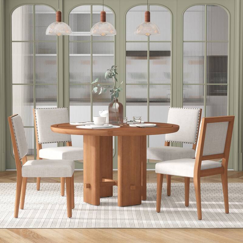 5-Piece Round Dining Table Set for 4, Minimalist Farmhouse Dining Table with 4 Solid Wood Upholstered Chairs - Beige+Brown