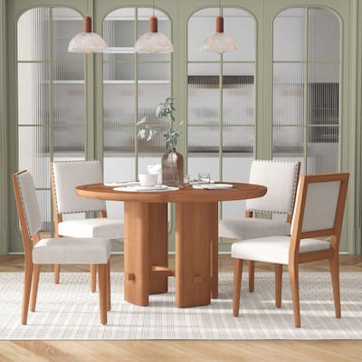 5-Piece Round Dining Table Set with Solid Wood Upholstered Chairs for Minimalist Farmhouse Design