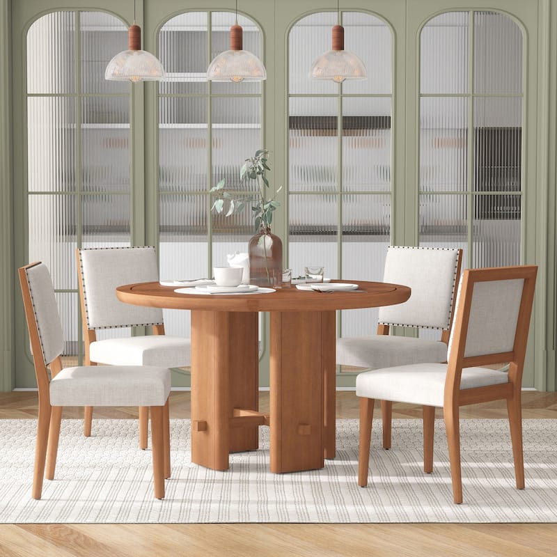 Roomfitters Farmhouse Round Dining Table Set, 4 Solid Wood Upholstered Chairs, 5-Piece Kitchen Furniture - Beige+Brown