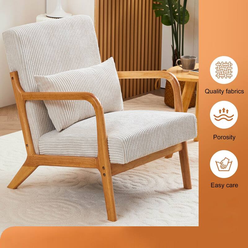 Mid-Century Modern Accent Chair, Upholstered Single Sofa Chair with Pillow, Lounge Armchair with Rubber Wood Frame