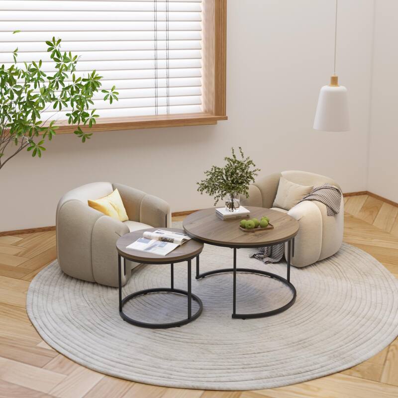 Modern Nesting Coffee Table Round Coffee Table Side Table, 2-Piece Set with Base, for Living Room, Brown