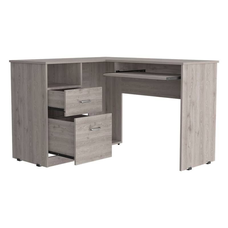 Modern L-Shaped Desk with Keyboard Tray, Two Drawers, and Open Shelf for Corner or Wall Placement