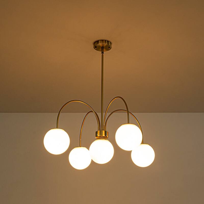 Modern 5-Light Curved Arm Opal Glass Globe Sputnik Chandelier 30in