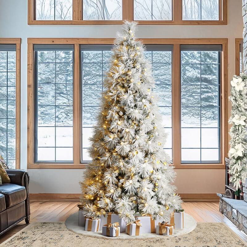 Glitzhome 7.5FT/9FT Pre-Lit Flocked Snowy Full Pine Artificial Christmas Tree with Warm White Globe Lights & Foot Switch