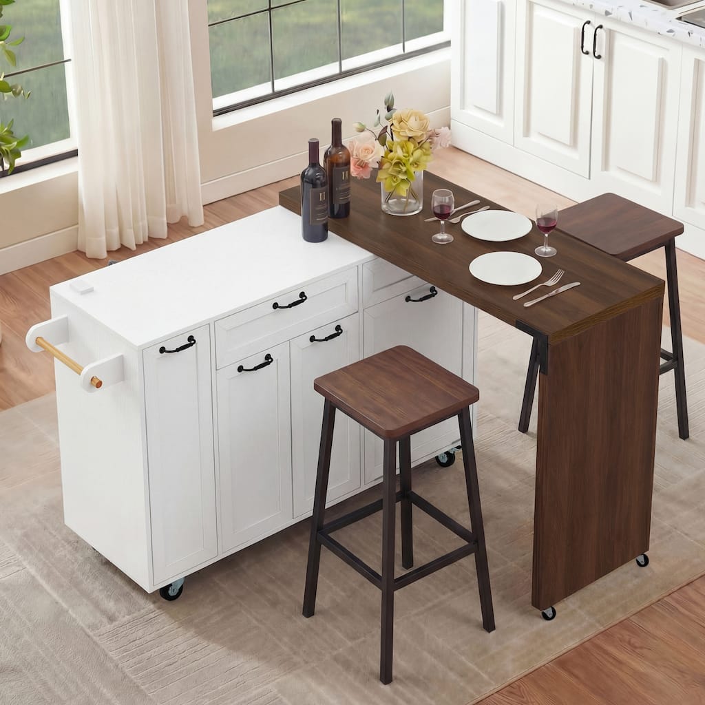 White Kitchen Island with Extendable Dining Table, Kitchen Rolling Island Mobile Island Table with Trash Storage Cabinet