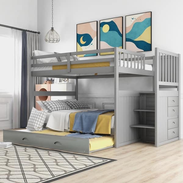 slide 2 of 17, Full Over Full Bunk Bed with Twin Trundle, Staircase Drawers, and Safety Guardrails, Convertible Design for Flexible Setup Gray
