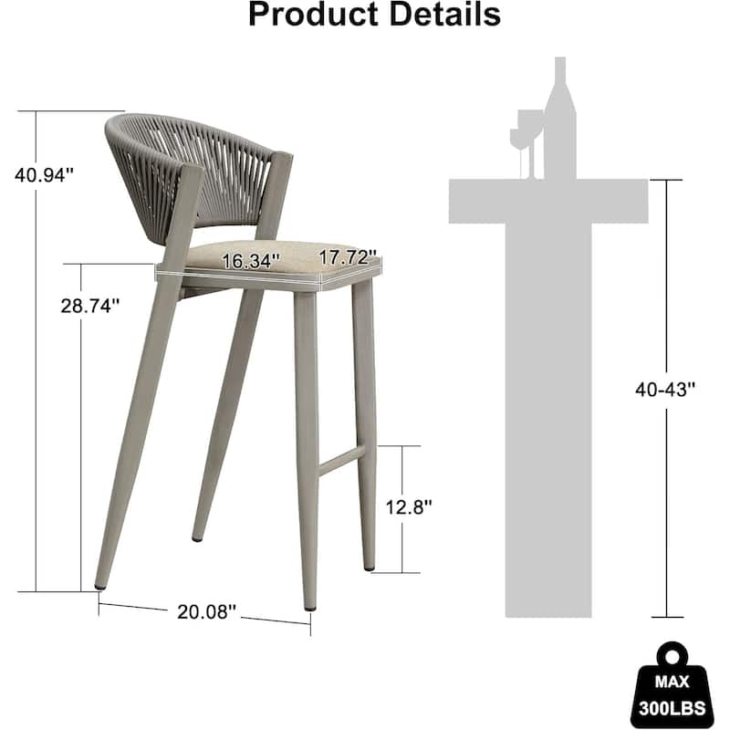 PURPLE LEAF Bar Stool Set of 2 Outdoor Rattan Bar Chair with Back Metal Bar Height Stool Wicker Barstool Dark Grey - N/A