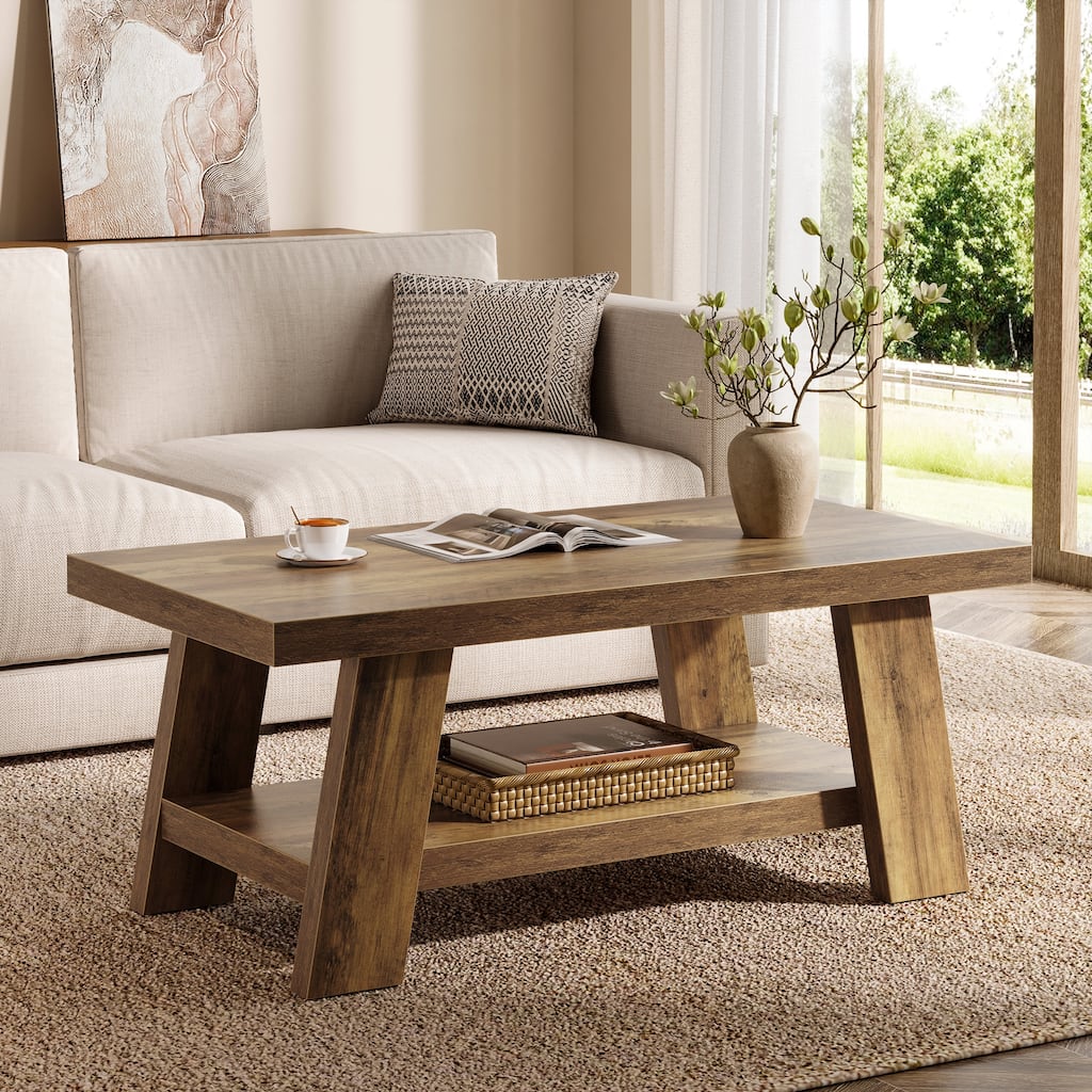 Industrial Rectangular Wood 2-tier Coffee Table for Living Room