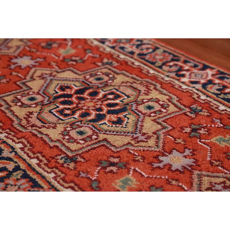 Hand Knotted Oriental 100% Wool Carpet Traditional Geometric Oranges & Rust Heriz (serapi) Runner Rug - 11' 8'' X 2' 6''