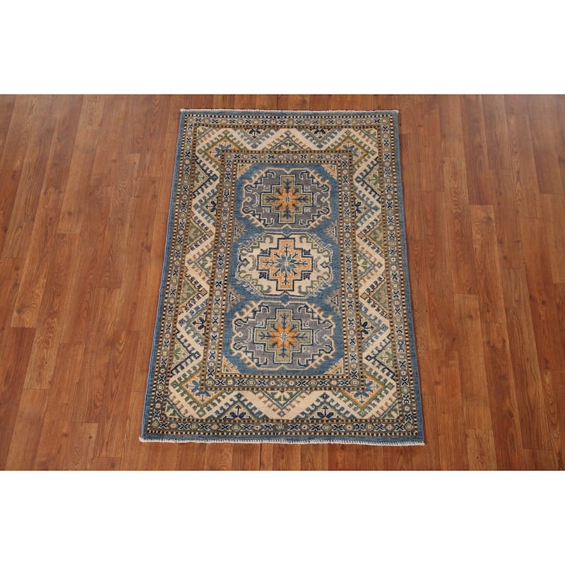 Blue Kazak Oriental Accent Rug Handmade Geometric Wool Carpet - 2'9"x 4'1"