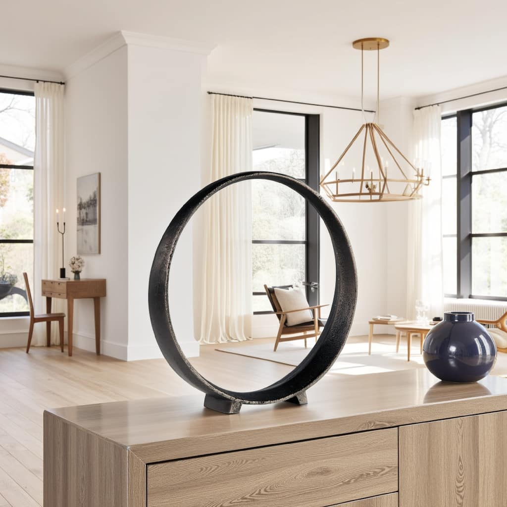 Dalie Sculpture, Round Metal Accent Tabletop Size, 14 Inch, Black