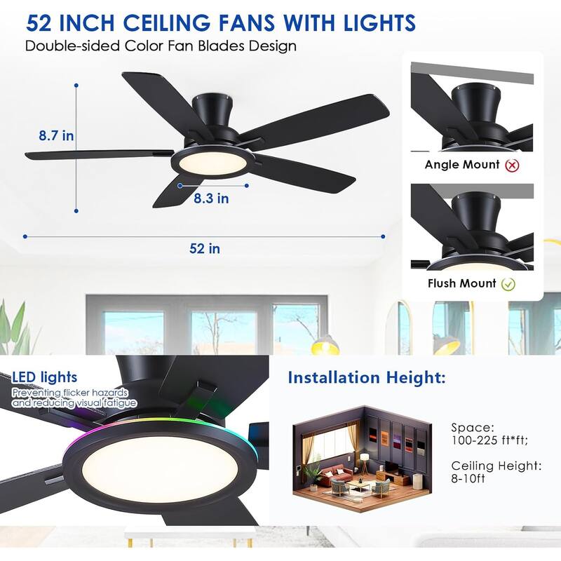 52" Modern Ceiling Fan with Light,Remote and App Control for Bedroom Living Room Patio - 52 Inches