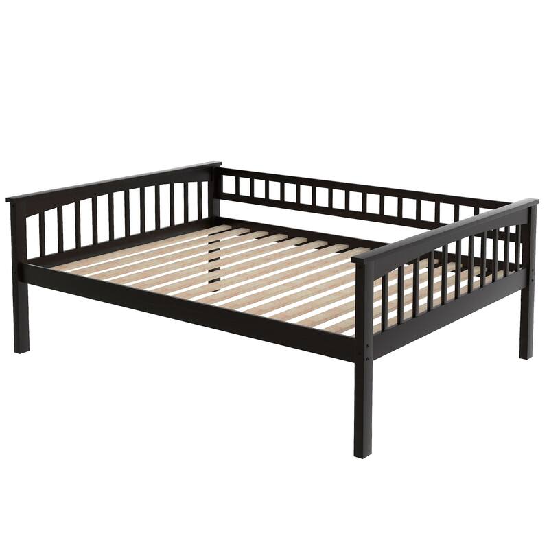 Wooden Storage Bunk Bed Frame with Fence-shaped Guardrails and Pull-out Drawers, Convertible 2 Platform Beds, Detachable Design