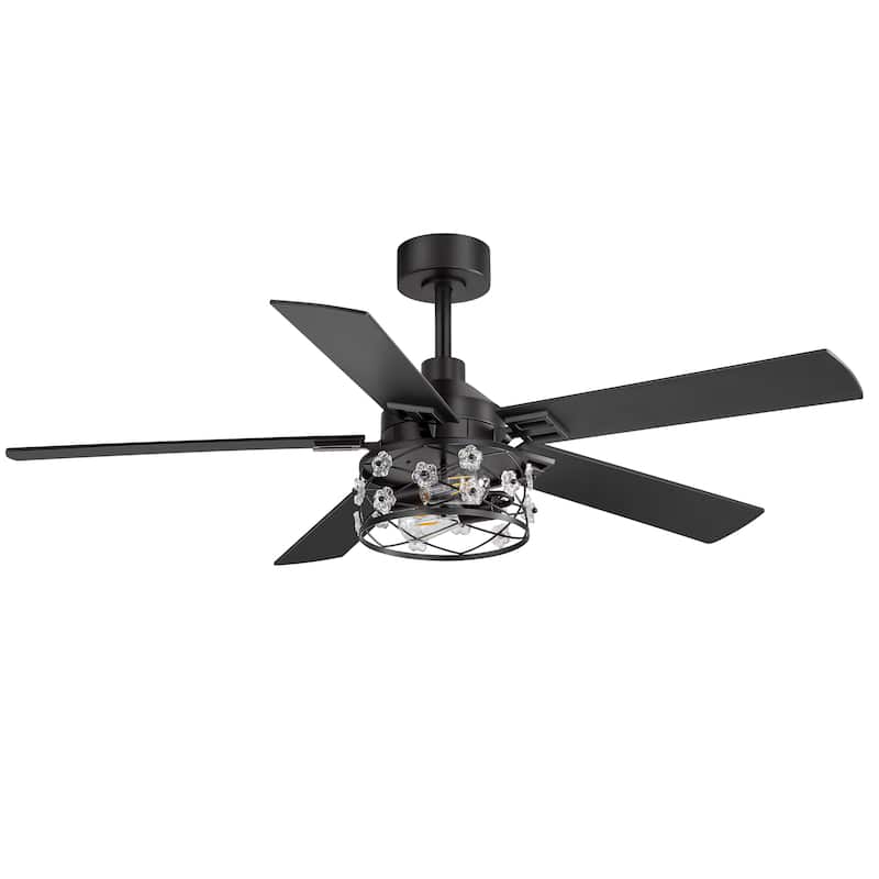 52" Black Wood Modern Floral Indoor Ceiling Fan Chandelier with Remote