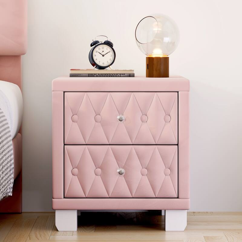 Elegant Velvet Nightstand with 2 Drawers, Crystal Handles, and Button-Tufted Design