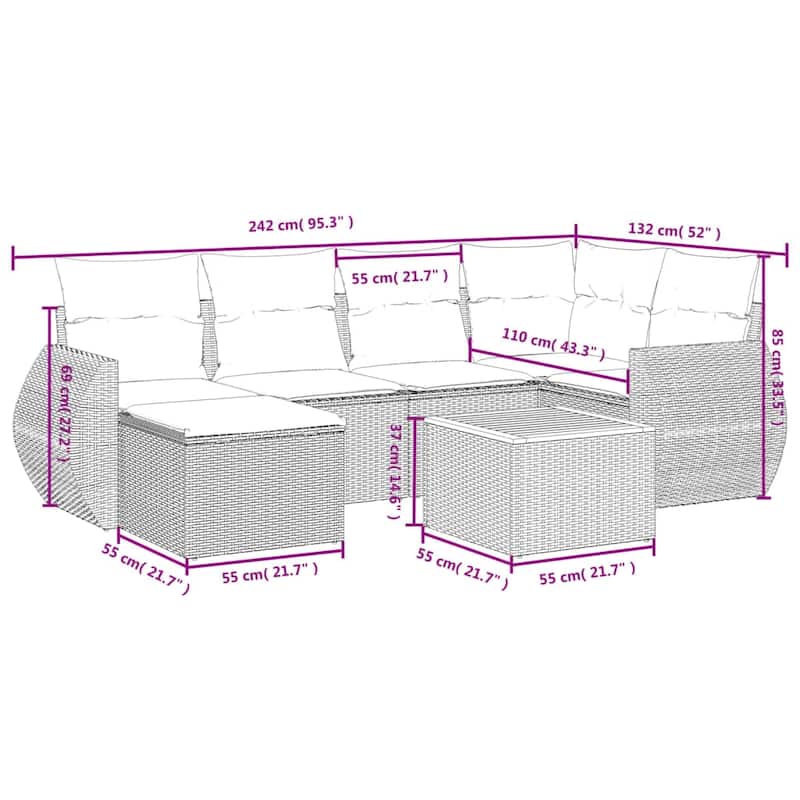 vidaXL 7 Piece Patio Sofa Set with Cushions Black Poly Rattan - 24.4 x 24.4 x 27.2