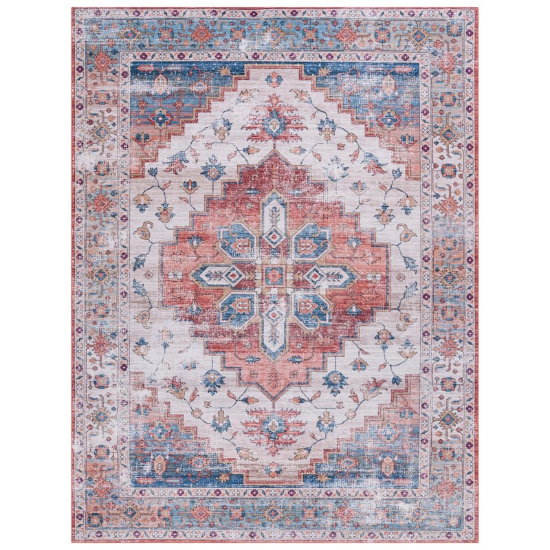 SAFAVIEH Tucson Machine Washable Slip Resistant Malvina Oriental Medallion - 10' x 14' - Beige/Blue - Rectangle