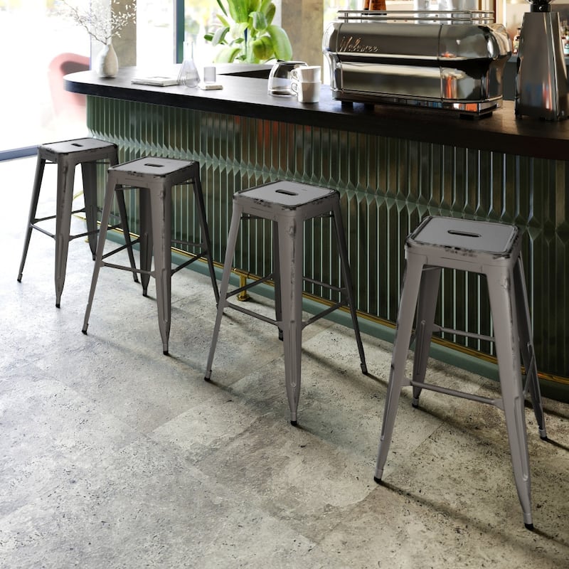 30" High Backless Distressed Metal Indoor-Outdoor Barstool - Patio Chair