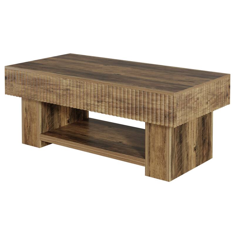 Large Wood Coffee Table with Storage, Farmhouse Rectangular Center Table with Open Shelf for Living Room