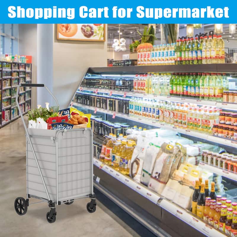Foldable Grocery Shopping Cart with Shelf & Double Basket and 360 Rolling Swivel Wheels