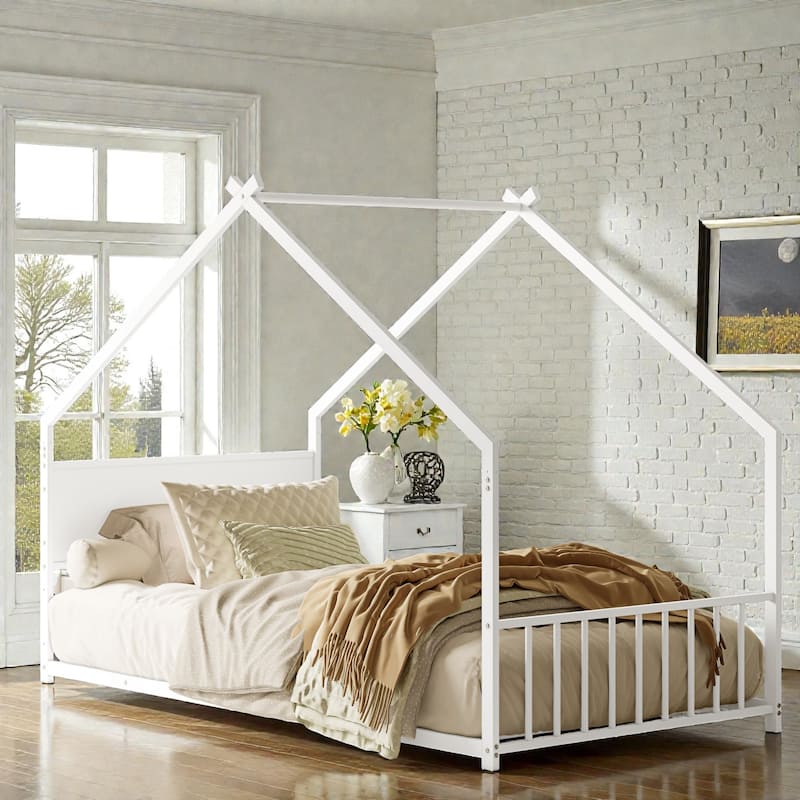 House Bed Frame with Roof & Colorful LED Lights, Metal Kids Floor Bed with Slats, Boys Girls Teens Canopy Bed, No Box Spring