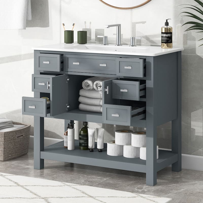 36''Bathroom Vanity With Top Sink,Storage Cabinet With 2 Soft Closing Doors And 6 Drawers,Single Sink Bathroom Vanity