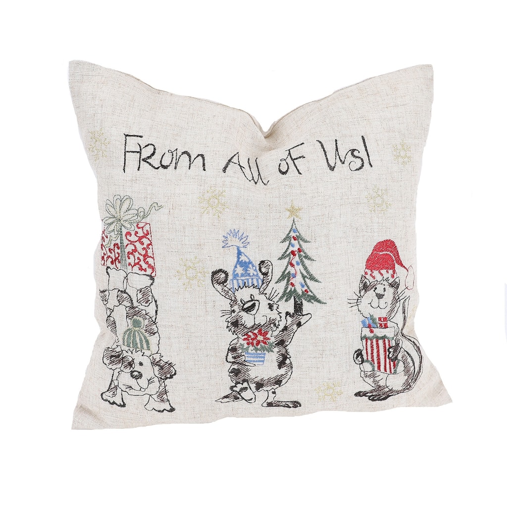 14" X 14" Beige and Gray Dog Christmas Linen Linen Blend Zippered Pillow With Embroidery