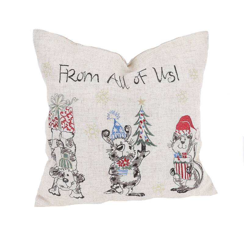 14" X 14" Beige and Gray Dog Christmas Linen Linen Blend Zippered Pillow With Embroidery