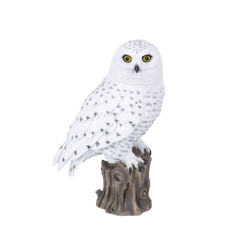Snowy Owl Standing on Branch Outdoor Garden Statue - 13.75"